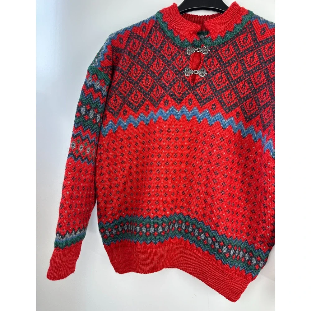 Dale Of Norway Pure Wool Lined Heavyweight Sweater Red Nordic Print Clasp Large - Picture 3 of 16